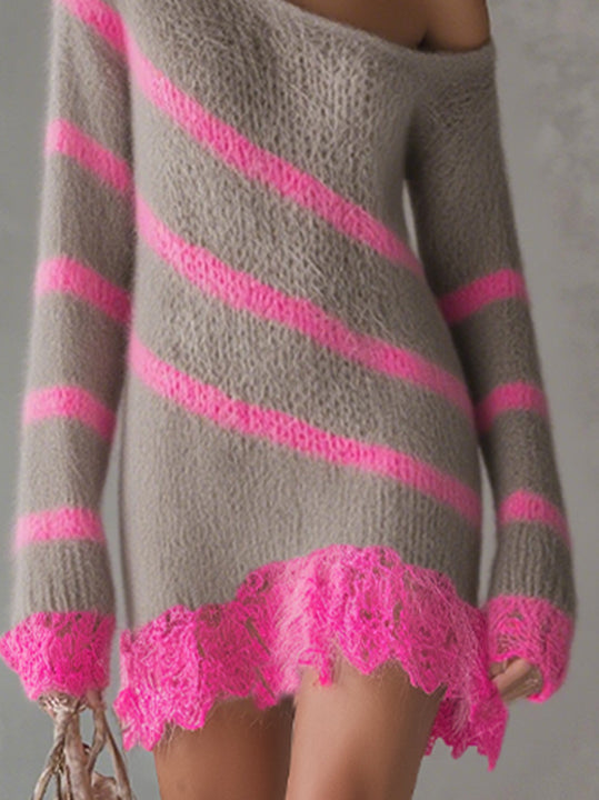 Gray And Pink Fuzzy Knit Sweater Dress With Lace Trim