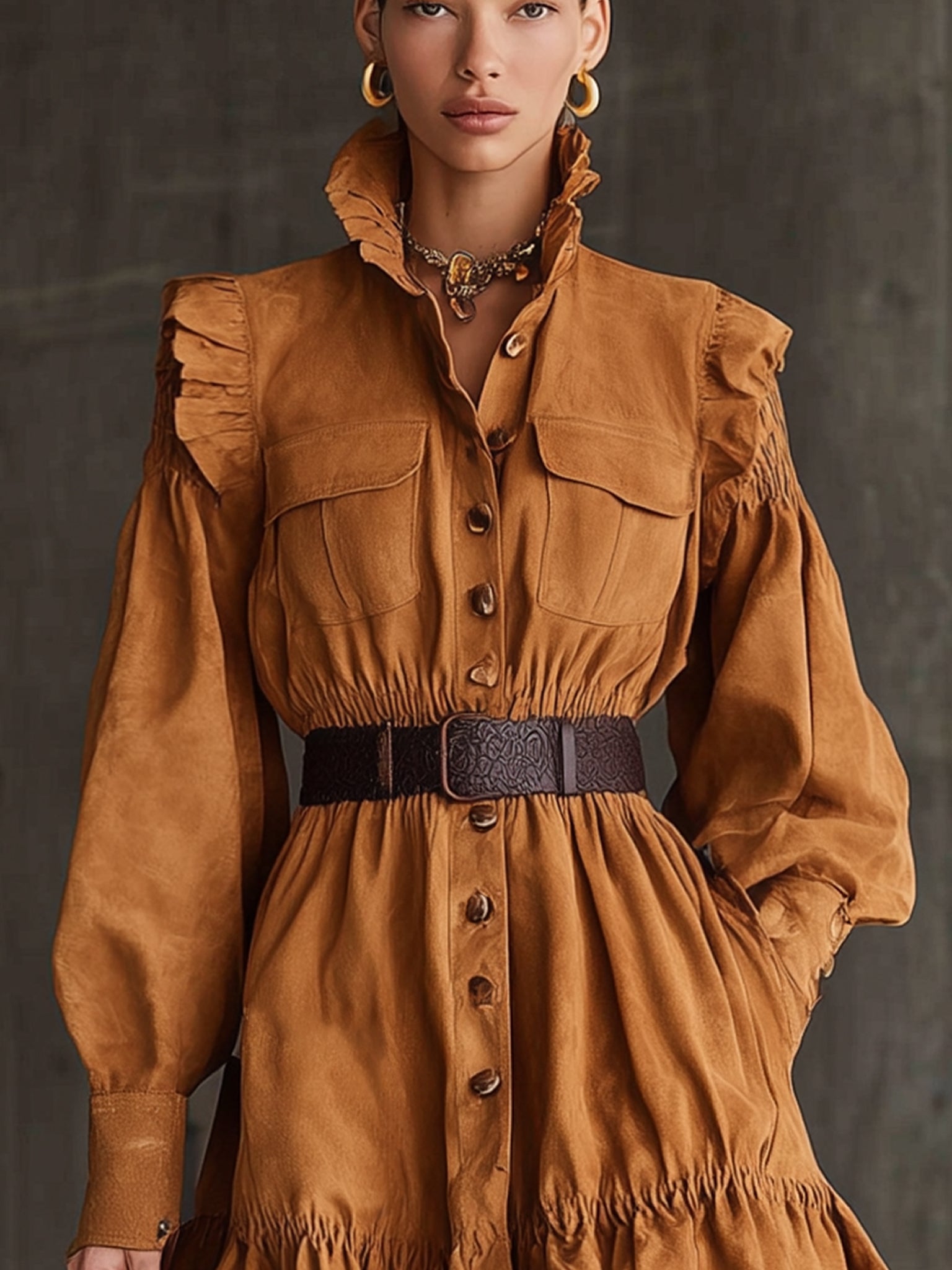 Brown Suede Ruffle Trimmed Belted Long Sleeve Mini Dress