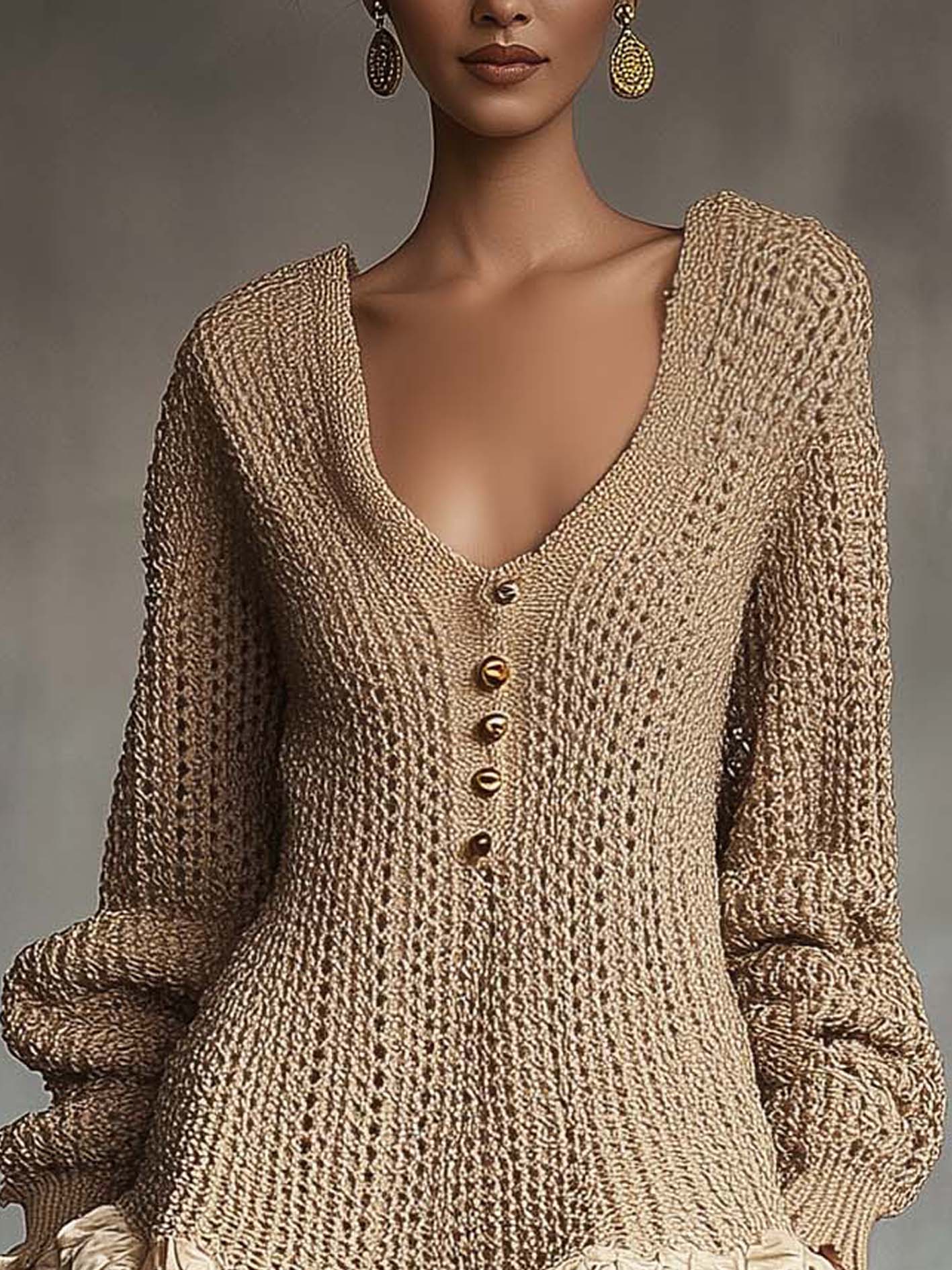Light Gold Knitted Mini Dress With Ruffles And Buttons