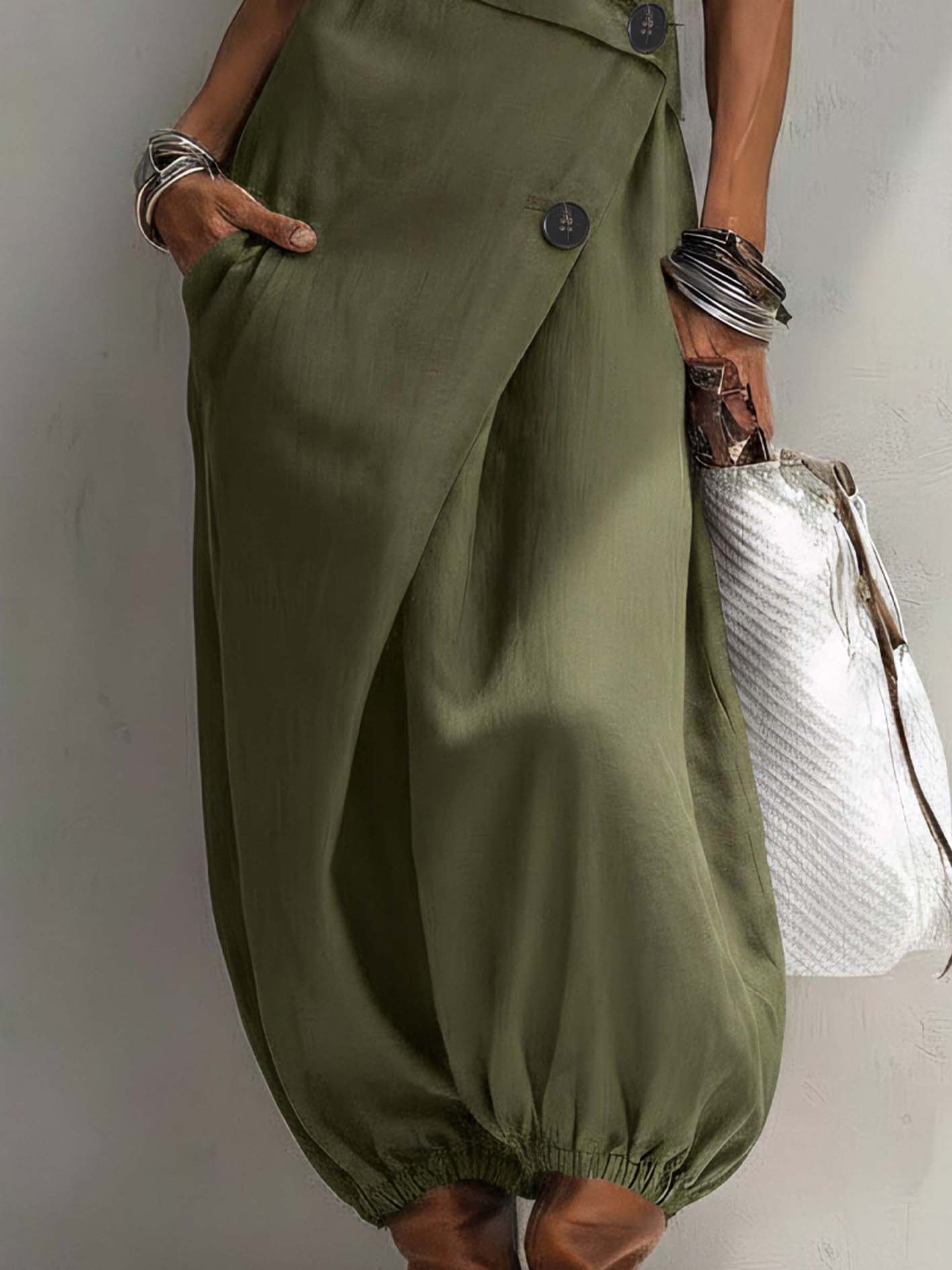 Green Cotton Linen Embroidered Wrap Maxi Dress