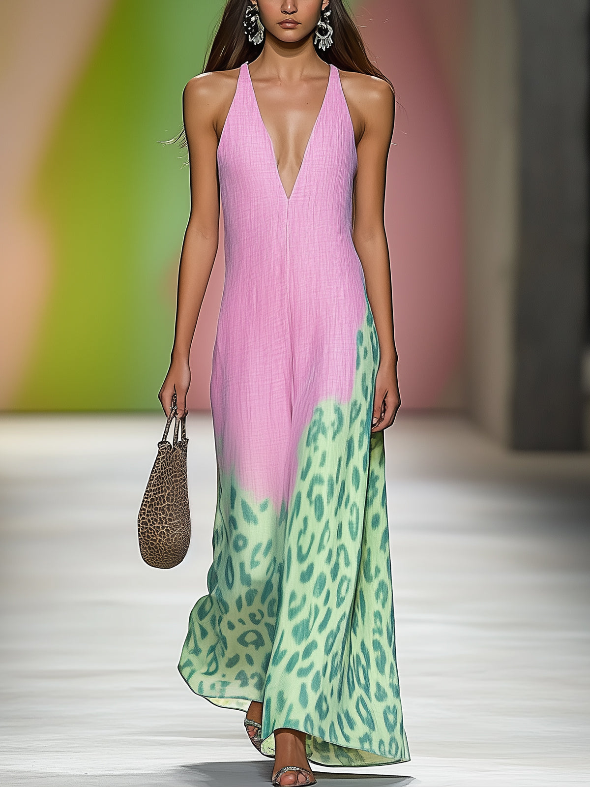 Chic Pink And Green Leopard Print Halter Flax Maxi Dress