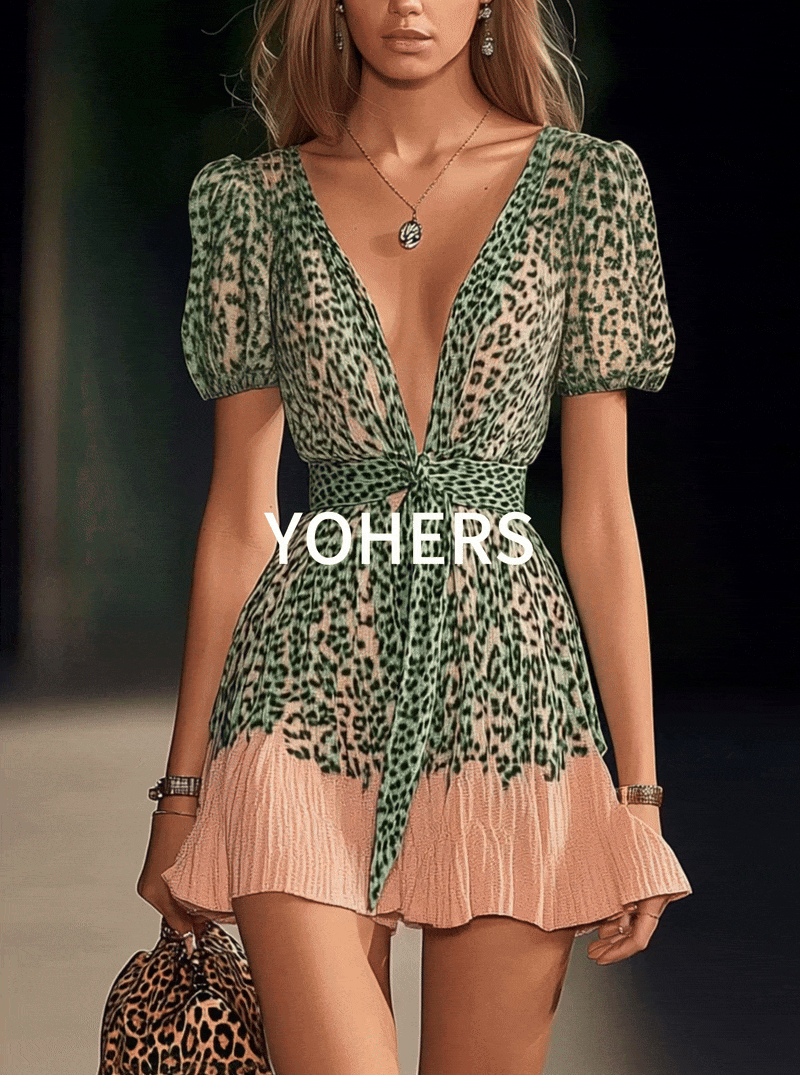 Pink Knitted Mini Dress With Belt And Green Leopard Print