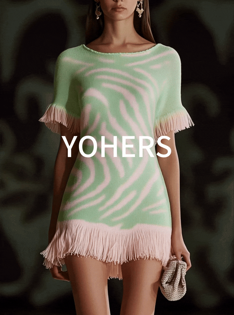 Light Green Knitted Mini Dress With Pink Zebra Print And Tassels