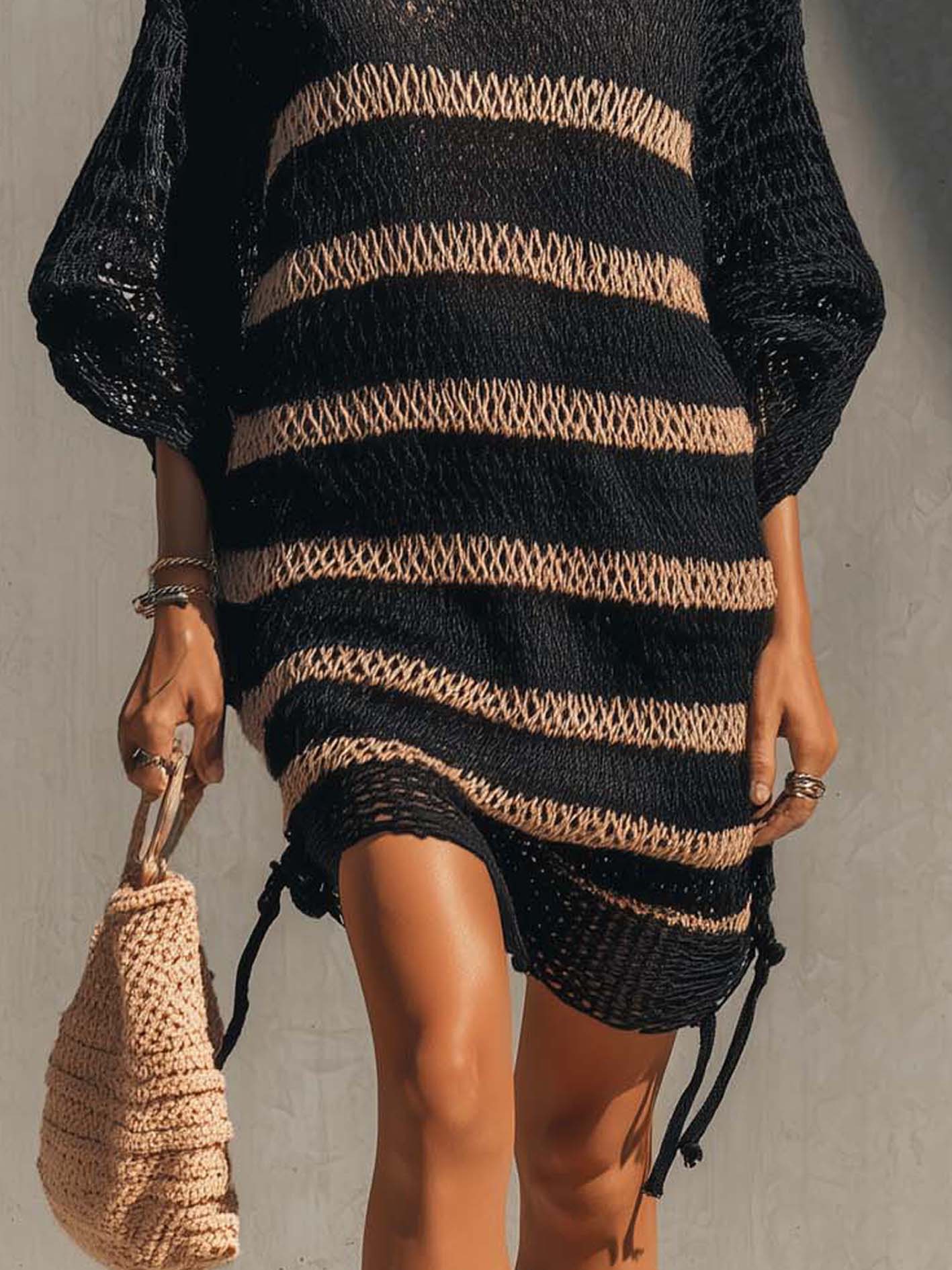 Black Brown Striped Knit Mini Dress With Drawstring Hem