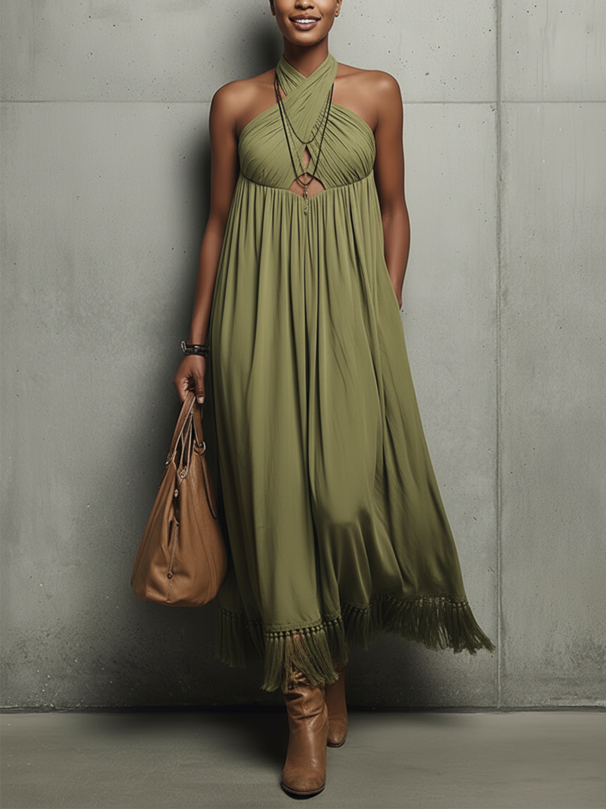 Olive Green Halter With Tassel Hem Maxi Dress