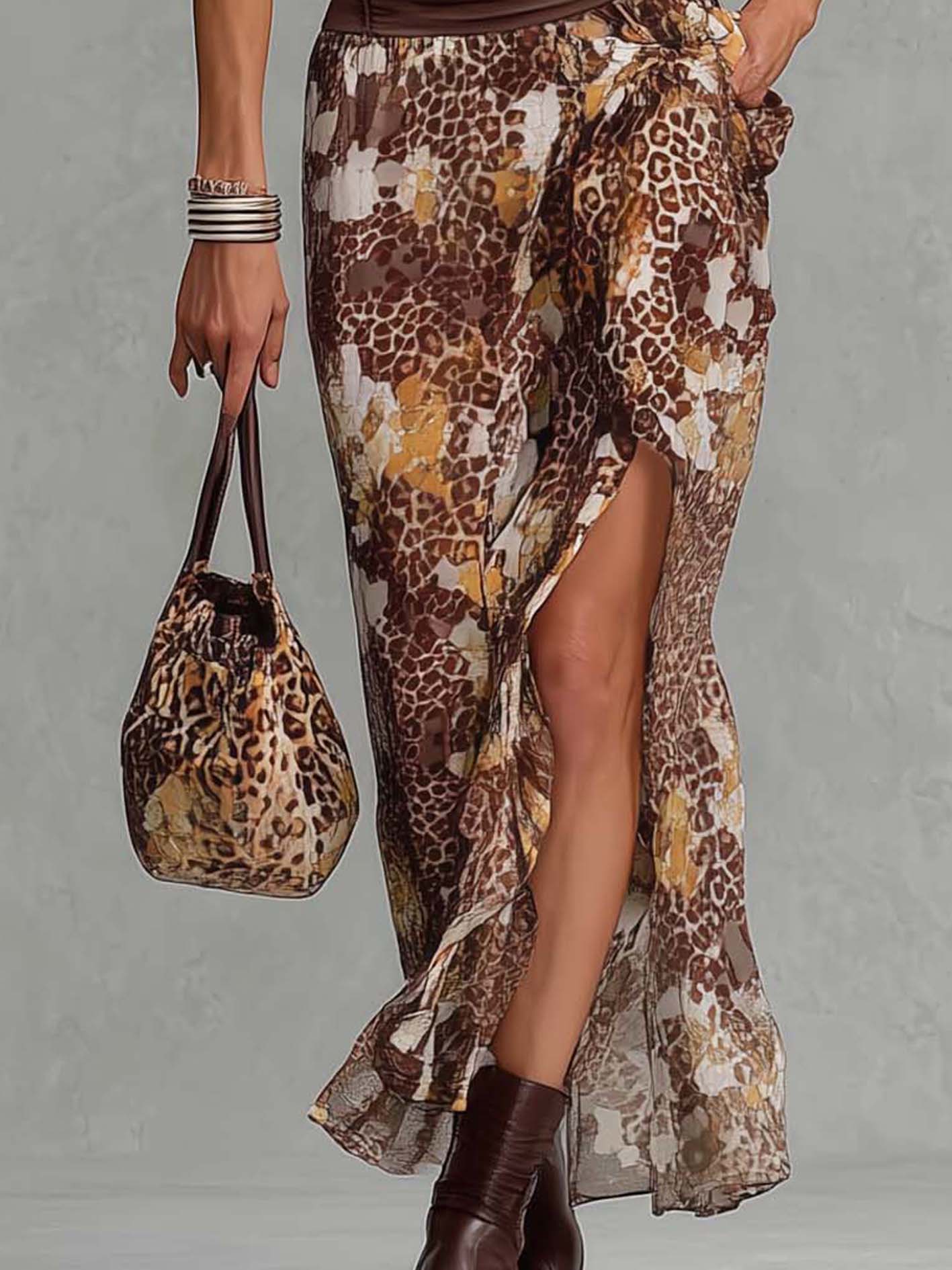 Brown Sleeveless Patchwork Floral Leopard Chiffon Maxi Dress