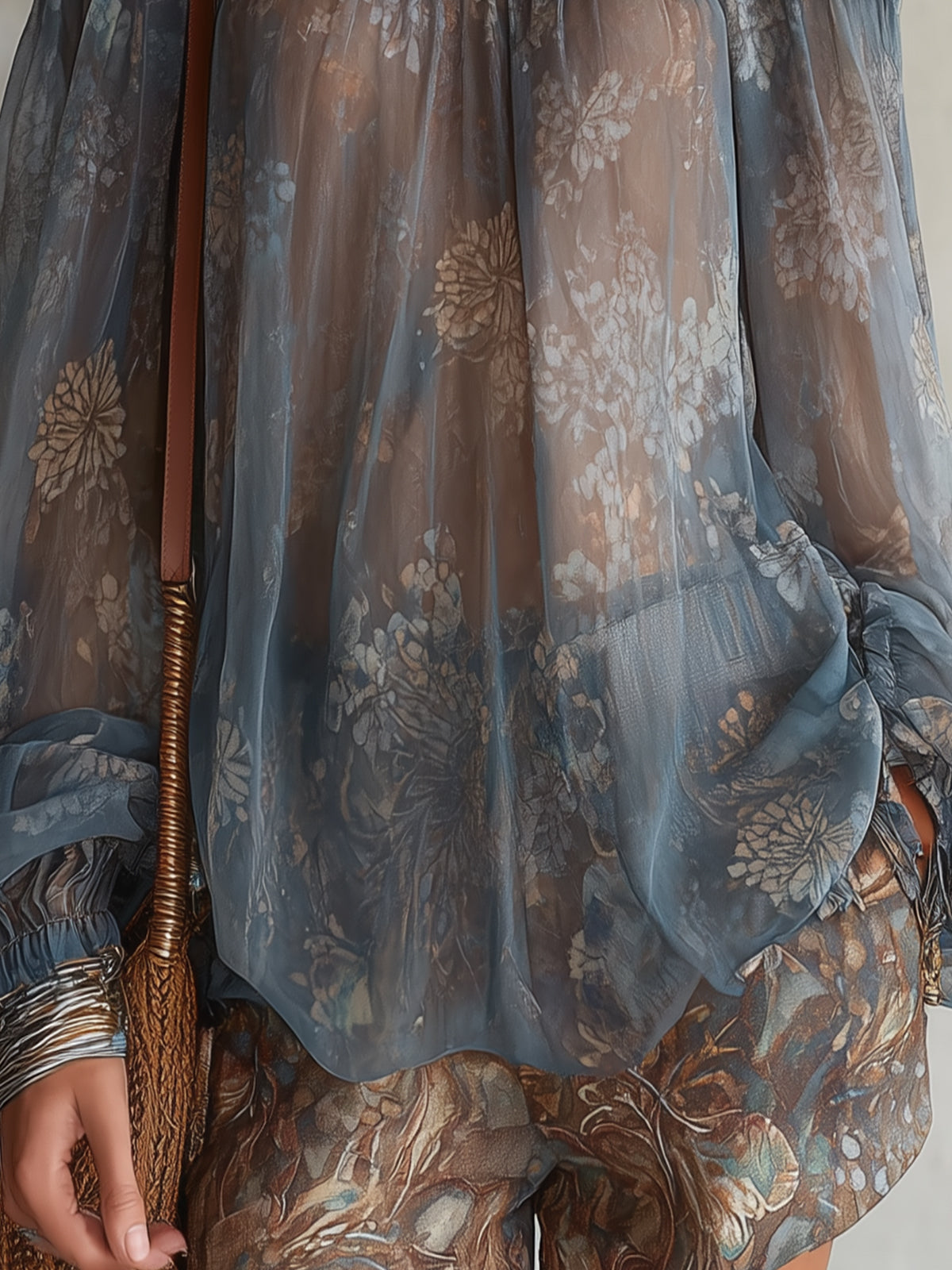 Blue Floral Sheer Chiffon Off-Shoulder Blouse