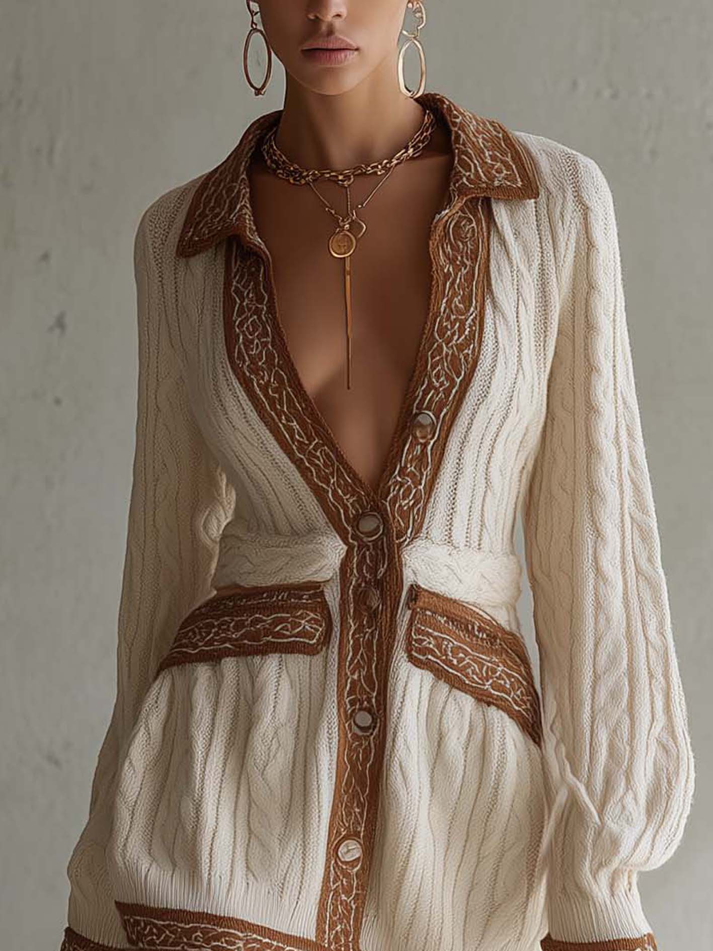 Cream Cable Knit Mini Dress With Vintage Trim And Contrast Edging