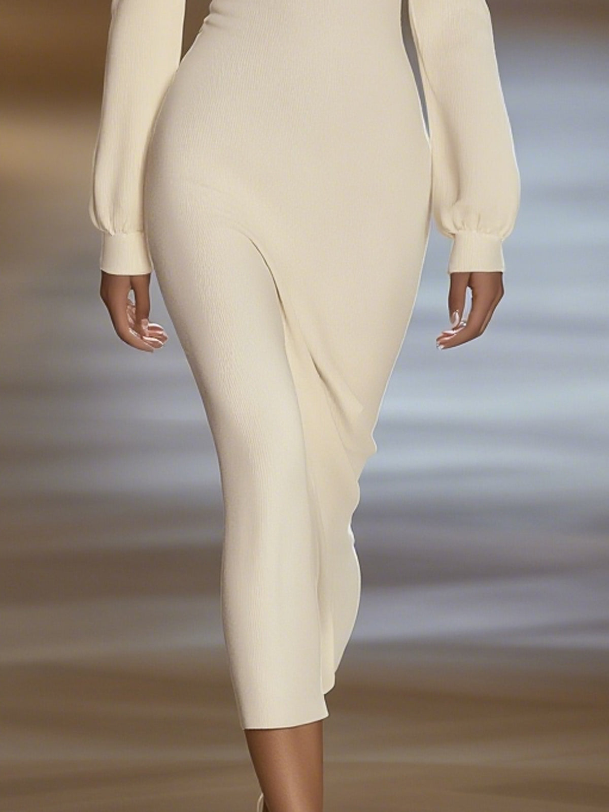 Ivory Ribbed Tie Front Keyhole Off Shoulder Long Sleeve Midi Dress