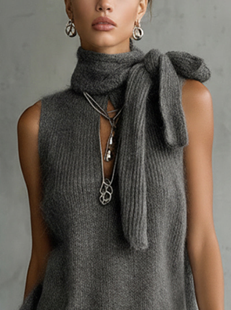 Gray Sleeveless Knit Tunic With Scarf Tie And Lace Hem