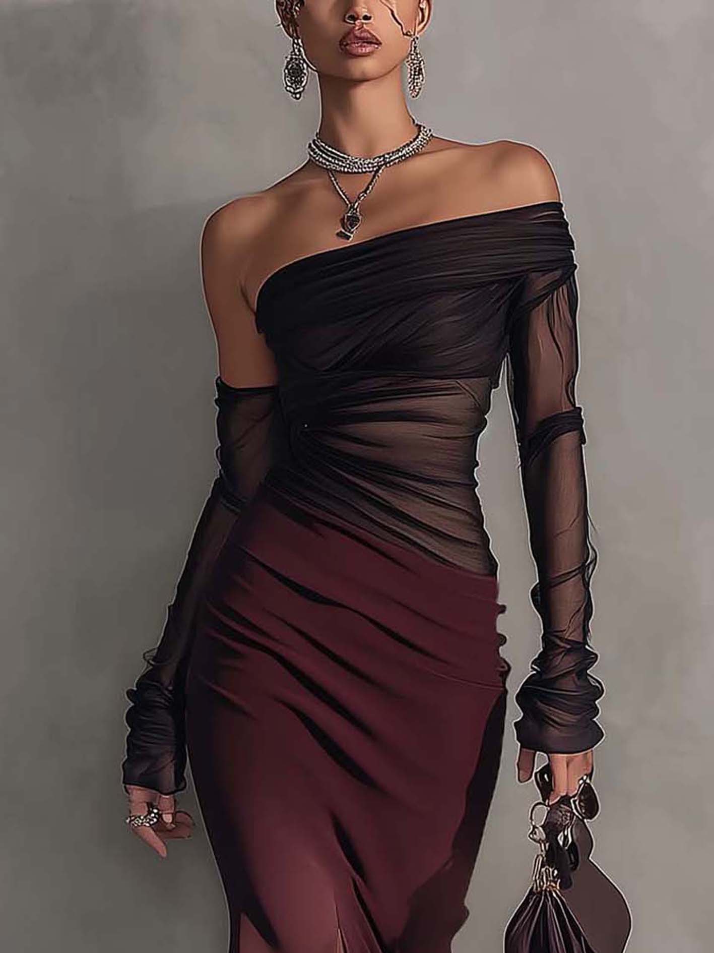One Shoulder Black Chiffon Patchwork Burgundy Side Slit Bodycon Maxi Dress