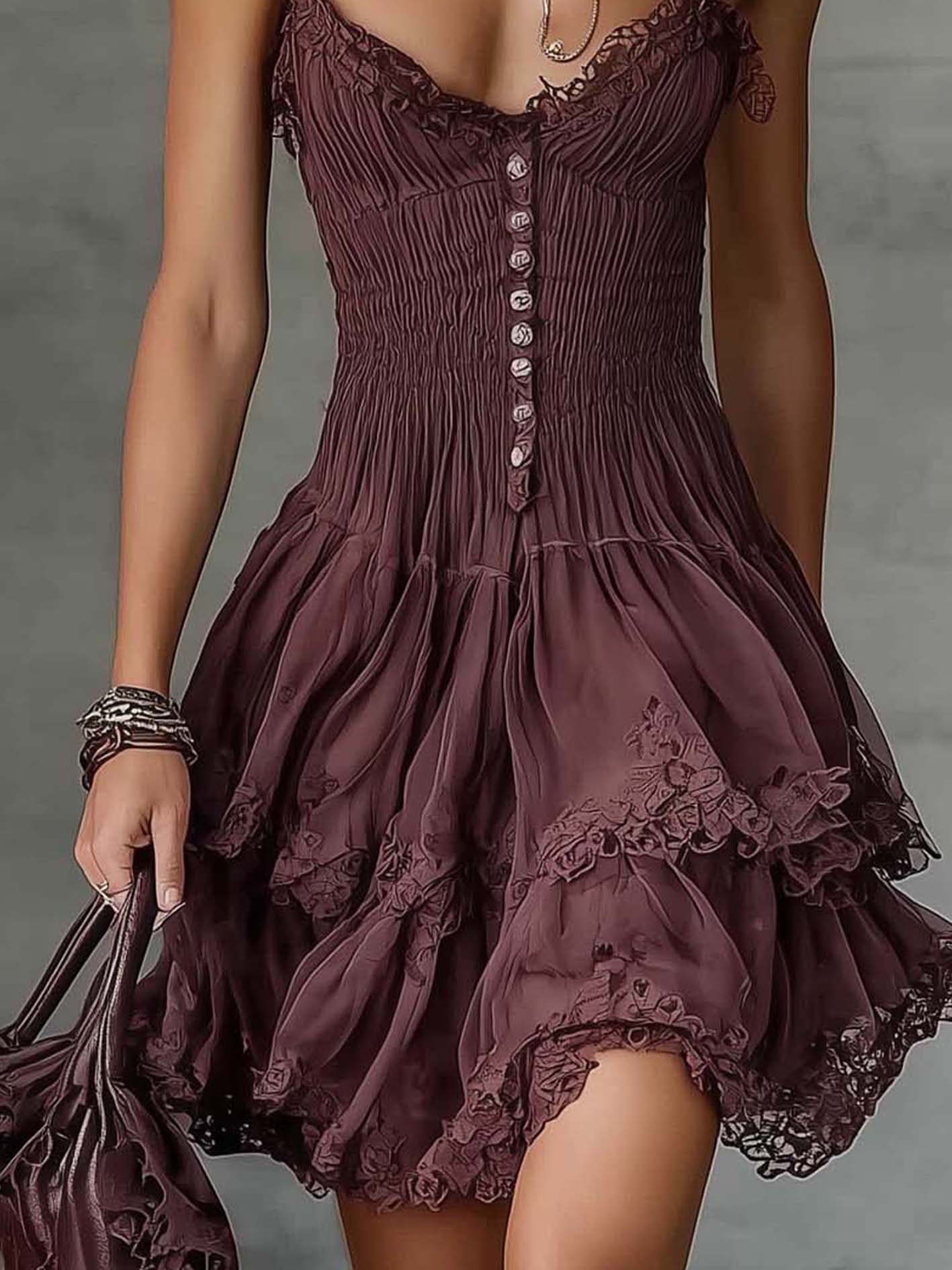 Wine Red Lace Smocked Button Front Mini Dress