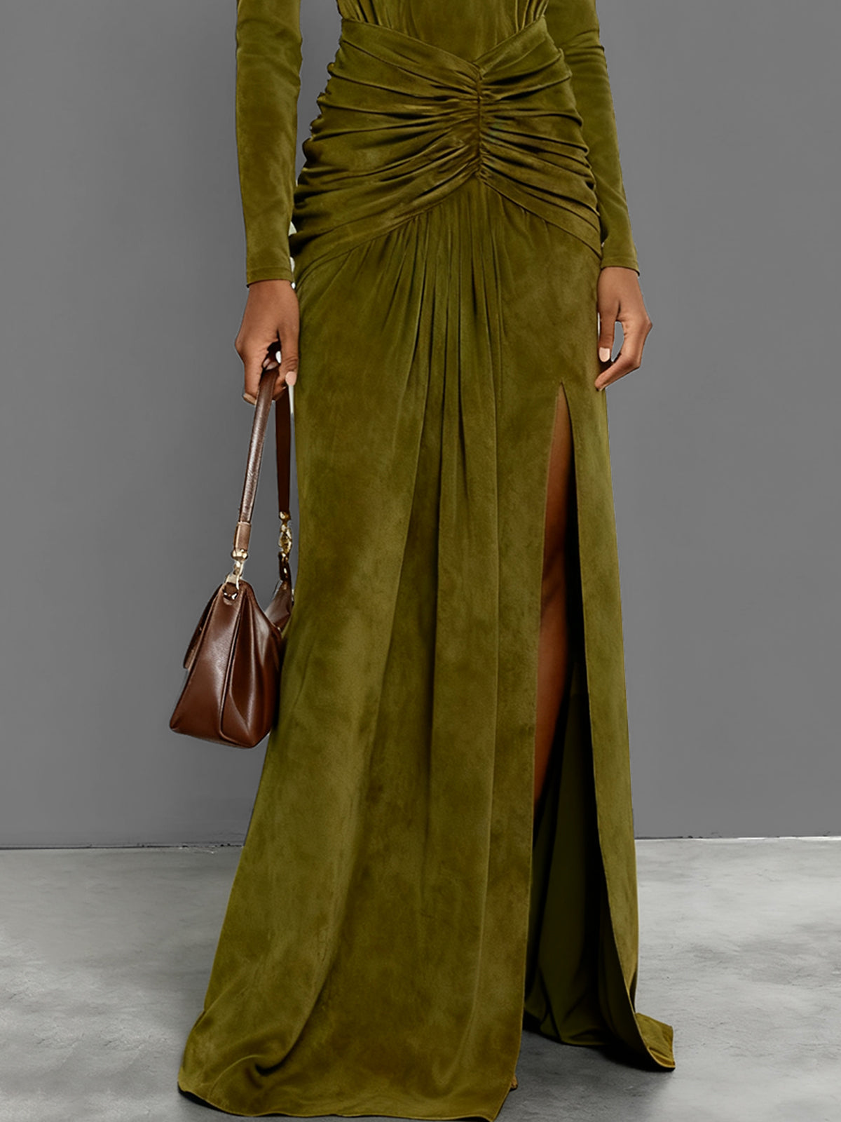 Olive Green Gathered Faux Suede Maxi Dress With High Neck And Slit