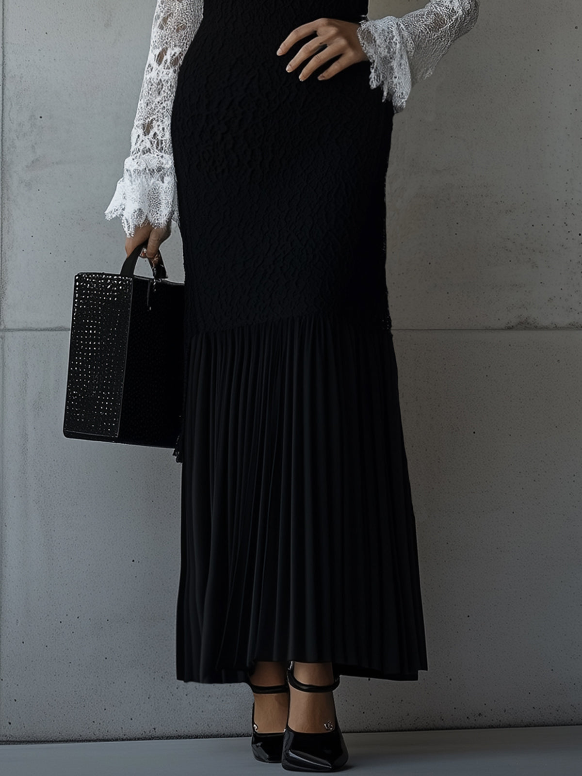 Black Lace Overlay Contrast Long Sleeve Crew Neck Maxi Dress