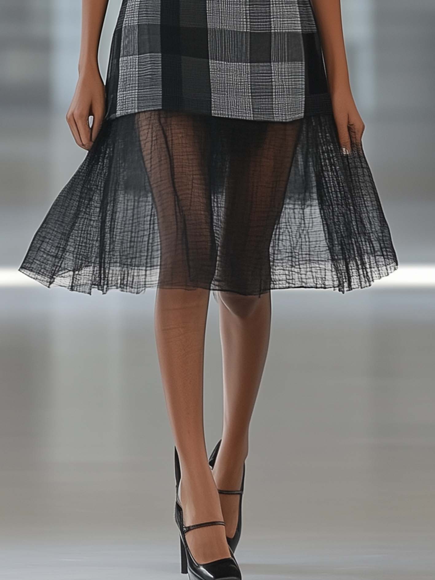 Black Midi Dress With Knitted Checkered Print And Mesh