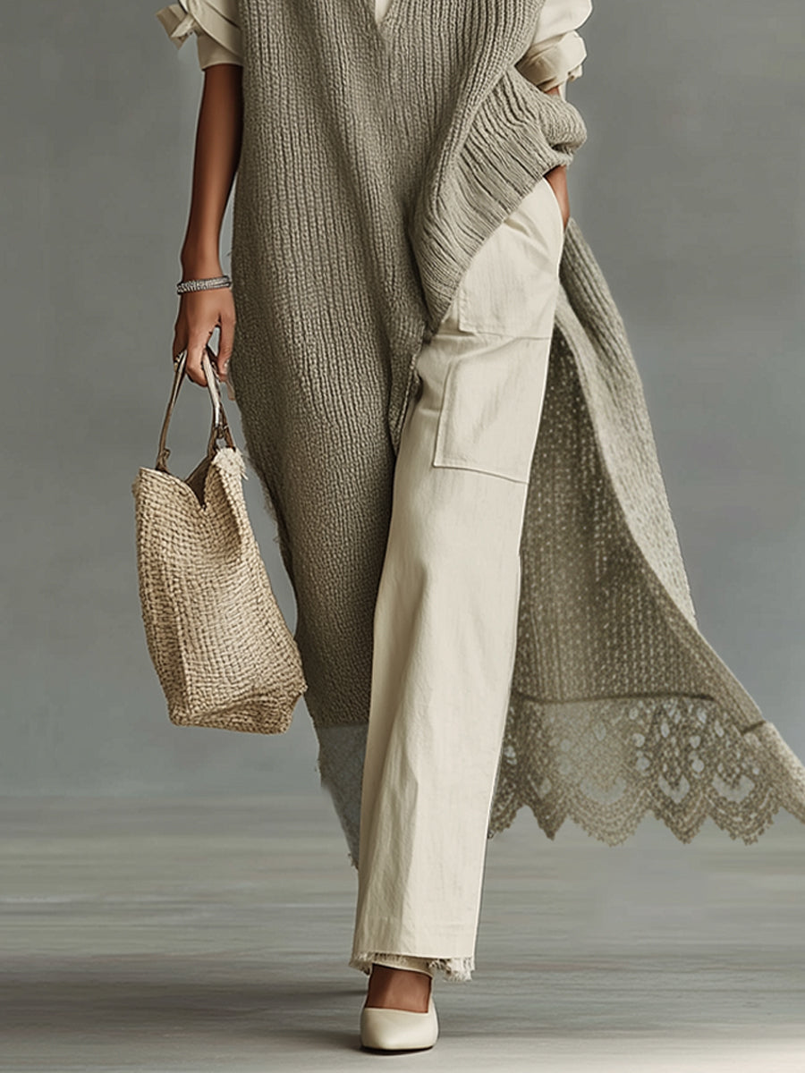 Green Loose Knit Deep V-Neck Lace Maxi Dress