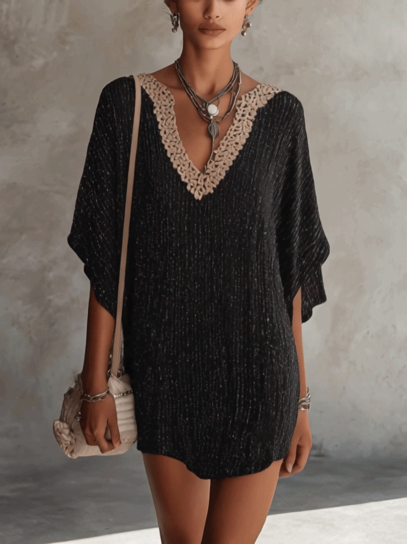 Black Shimmer Knit Mini Dress With Contrast Crochet V-Neck
