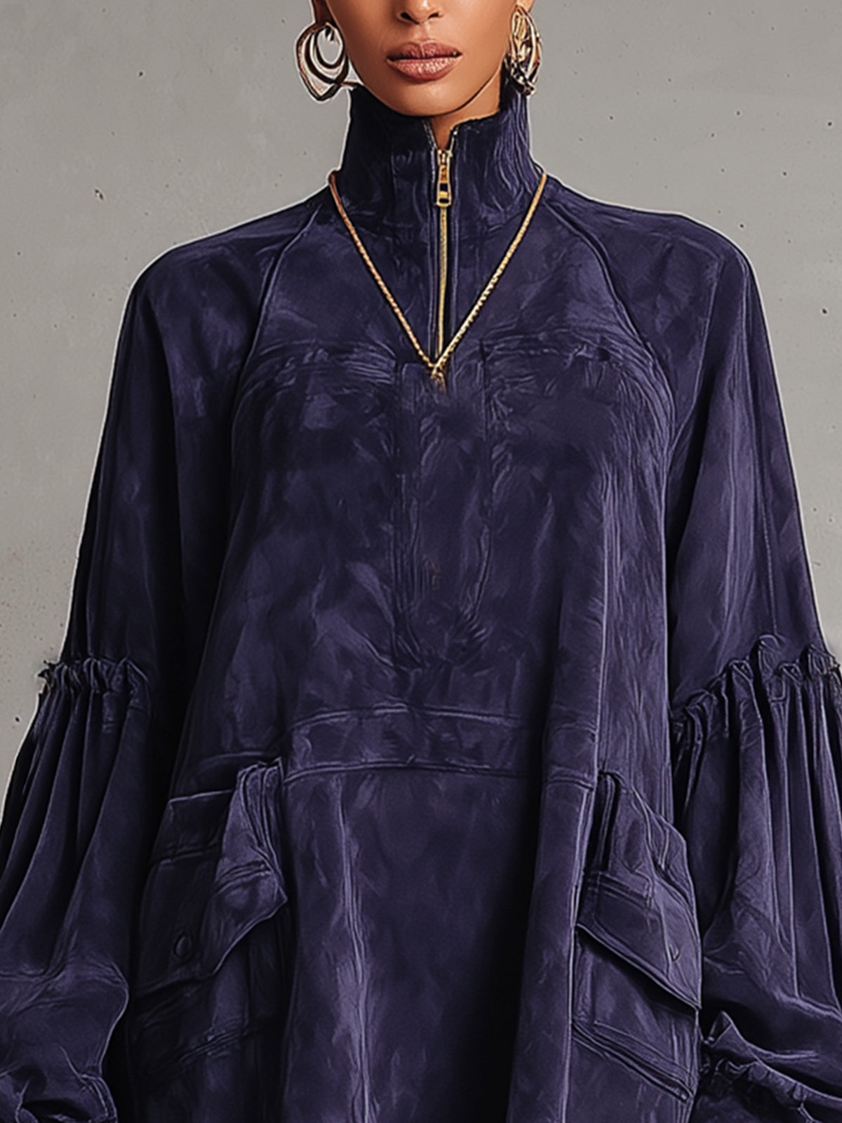 Blue Faux Suede Zip-Neck Tunic Dress With Utility Pockets