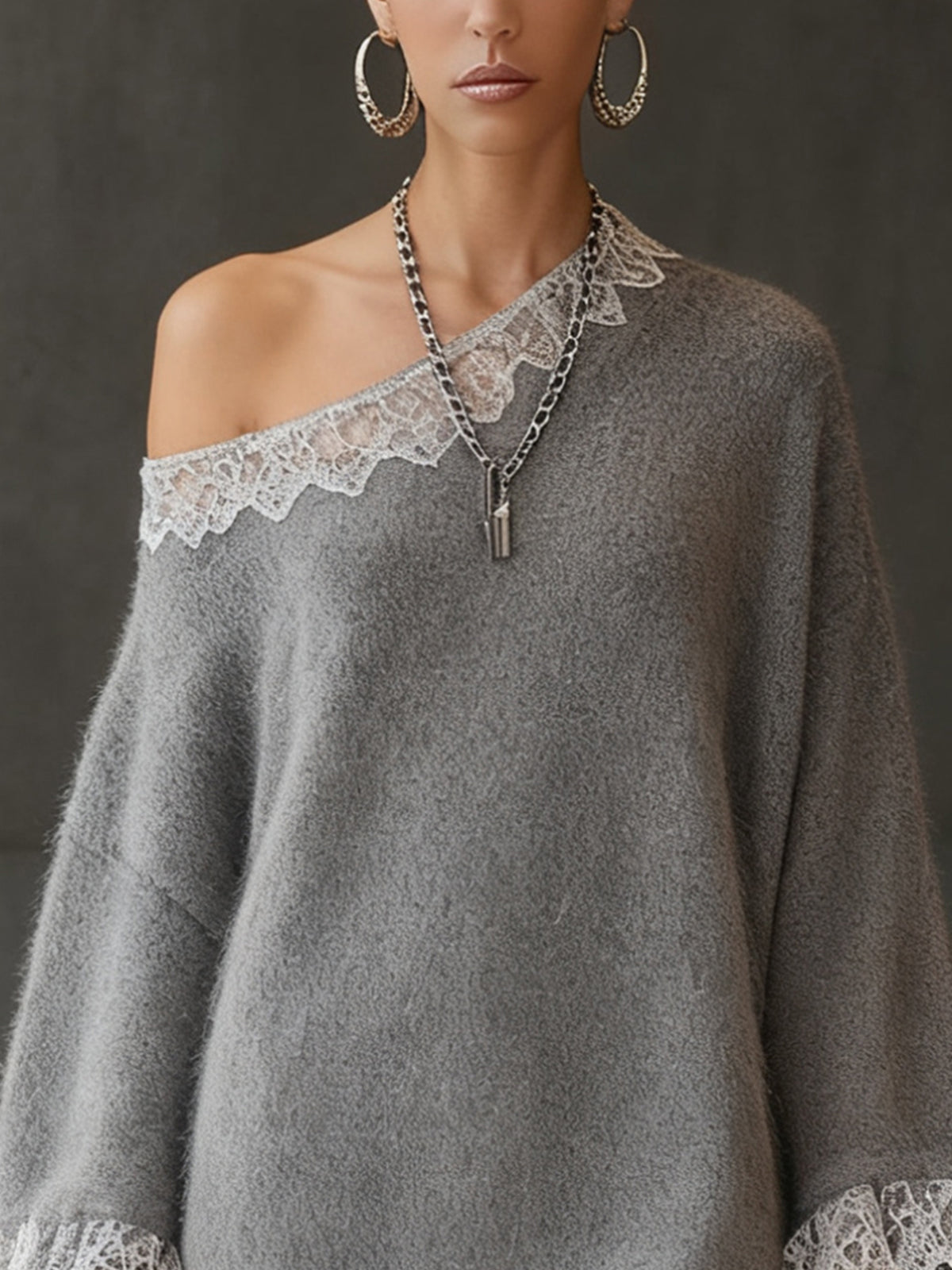 Gray Off-Shoulder Sweater Dress With Lace Details