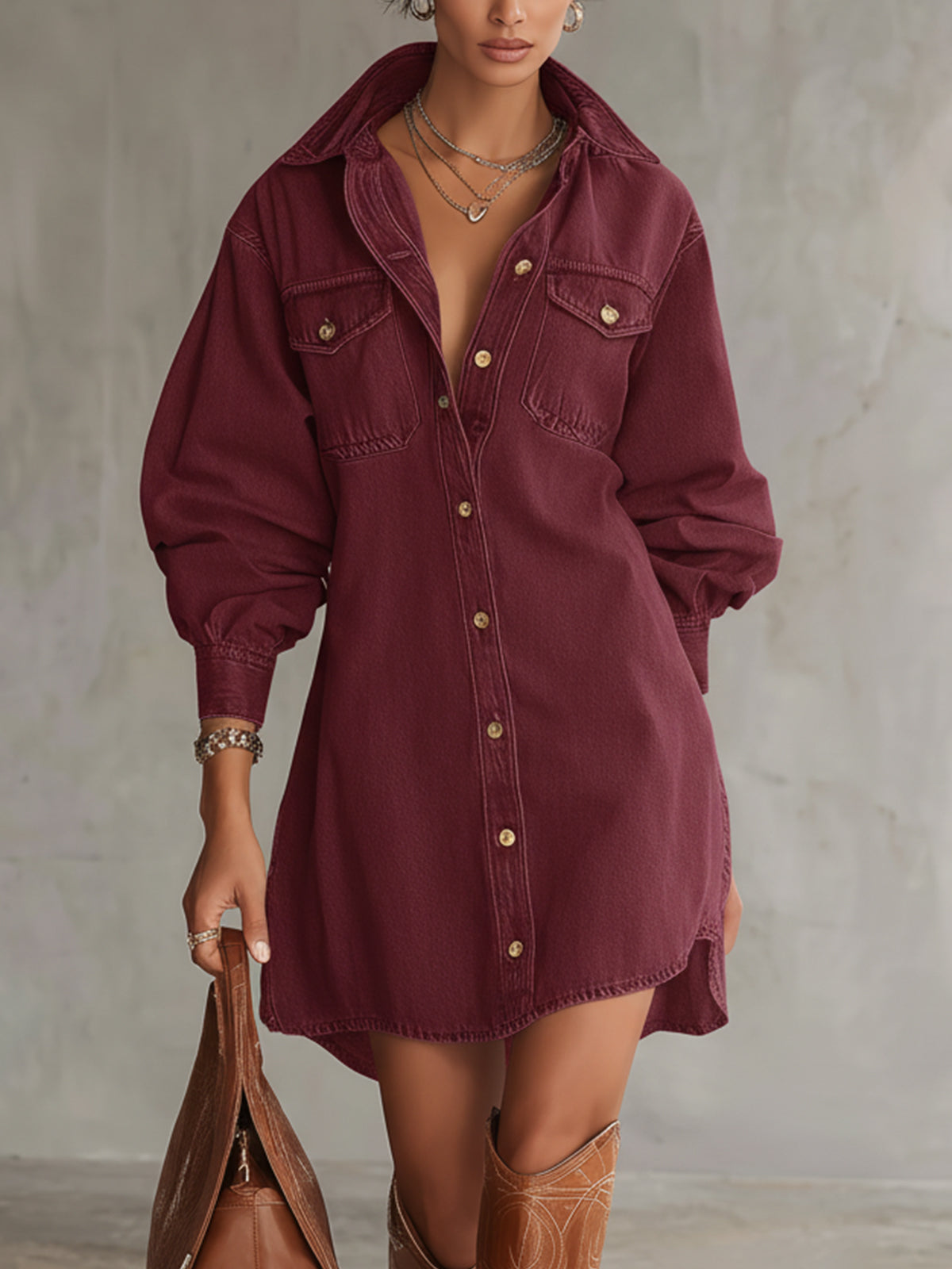 Wine Red Button-Up Shirt Dress With Pocket Detail
