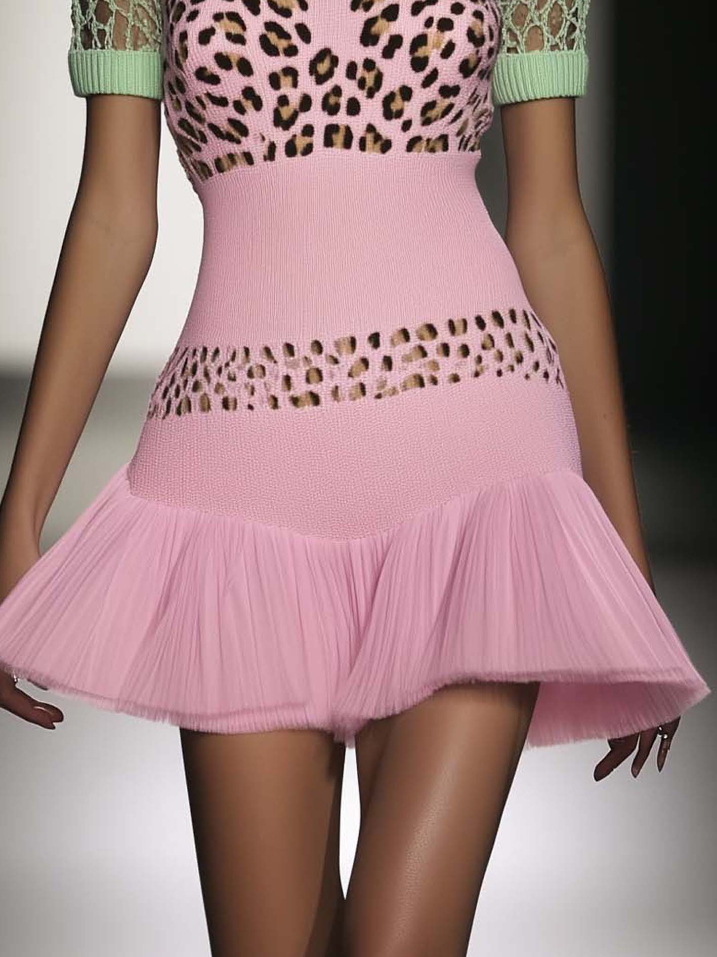 Pink Leopard Print Knitted Mini Dress With Green Trim And Chiffon
