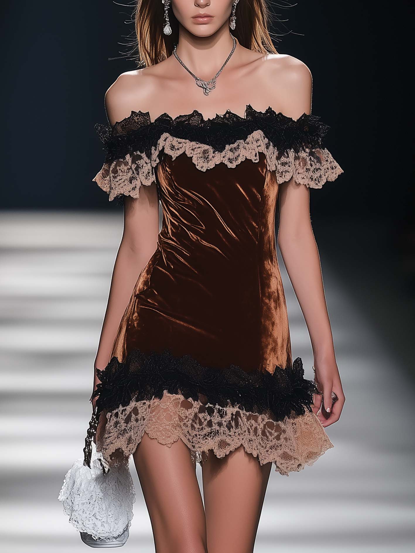 Off Shoulder Brown Velvet Mini Dress With Lace