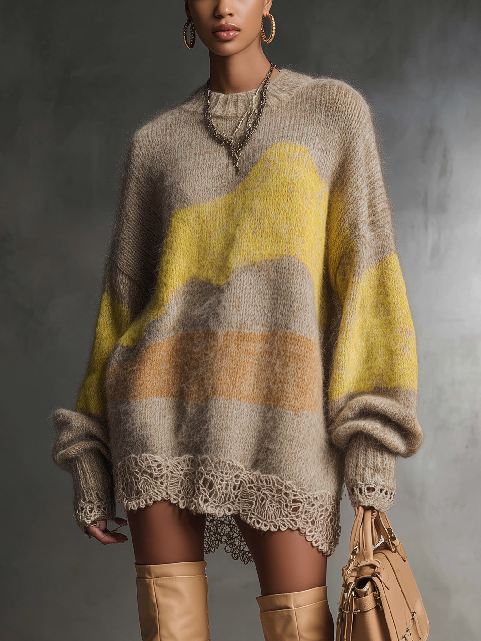 Beige Knit Long Sleeve Mini Dress With Lace Hem