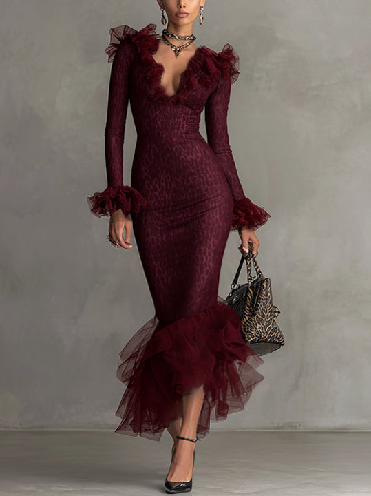 Burgundy Mesh Ruffle Mermaid Midi Dress With Deep V Neck