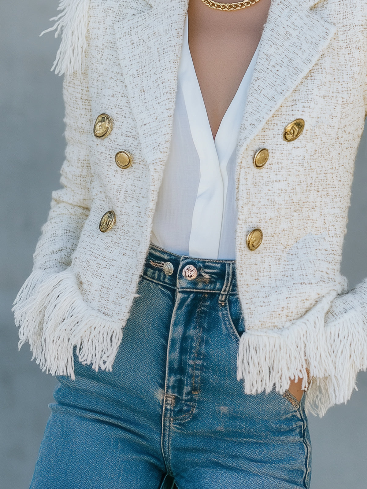White Tweed Fringe Trimmed Double Breasted Blazer