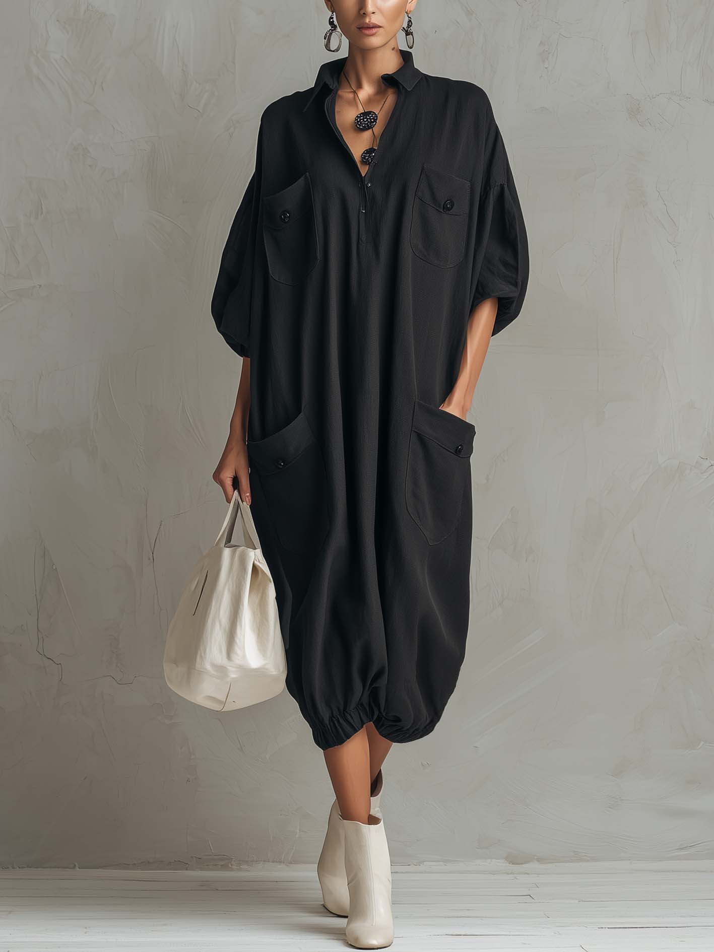 Black Cotton Linen Maxi Shirt Dress With Pockets