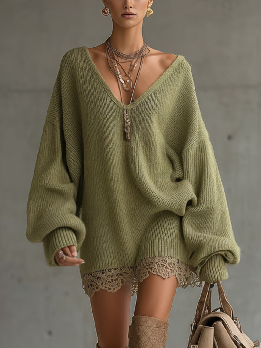 Olive Knit Loose Fit Lace Hem Mini Dress