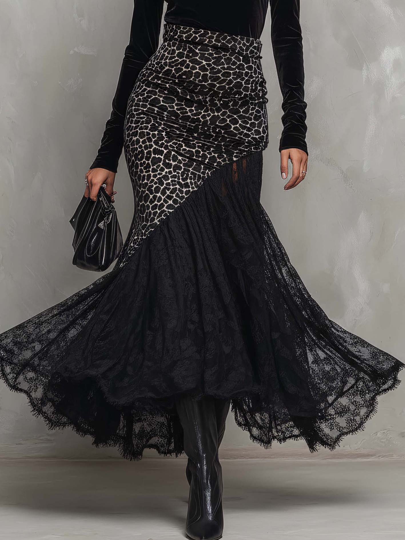 Black Velvet Leopard Patchwork Lace Bodycon Maxi Dress