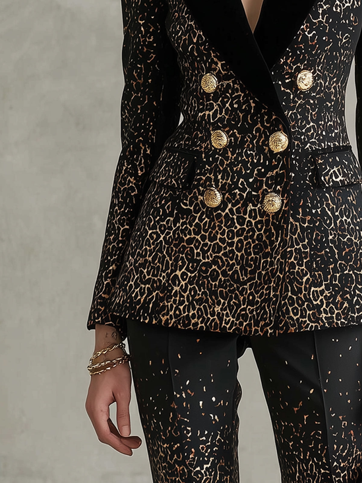 Black And Gold Leopard Print Double Breasted Blazer With Brooch