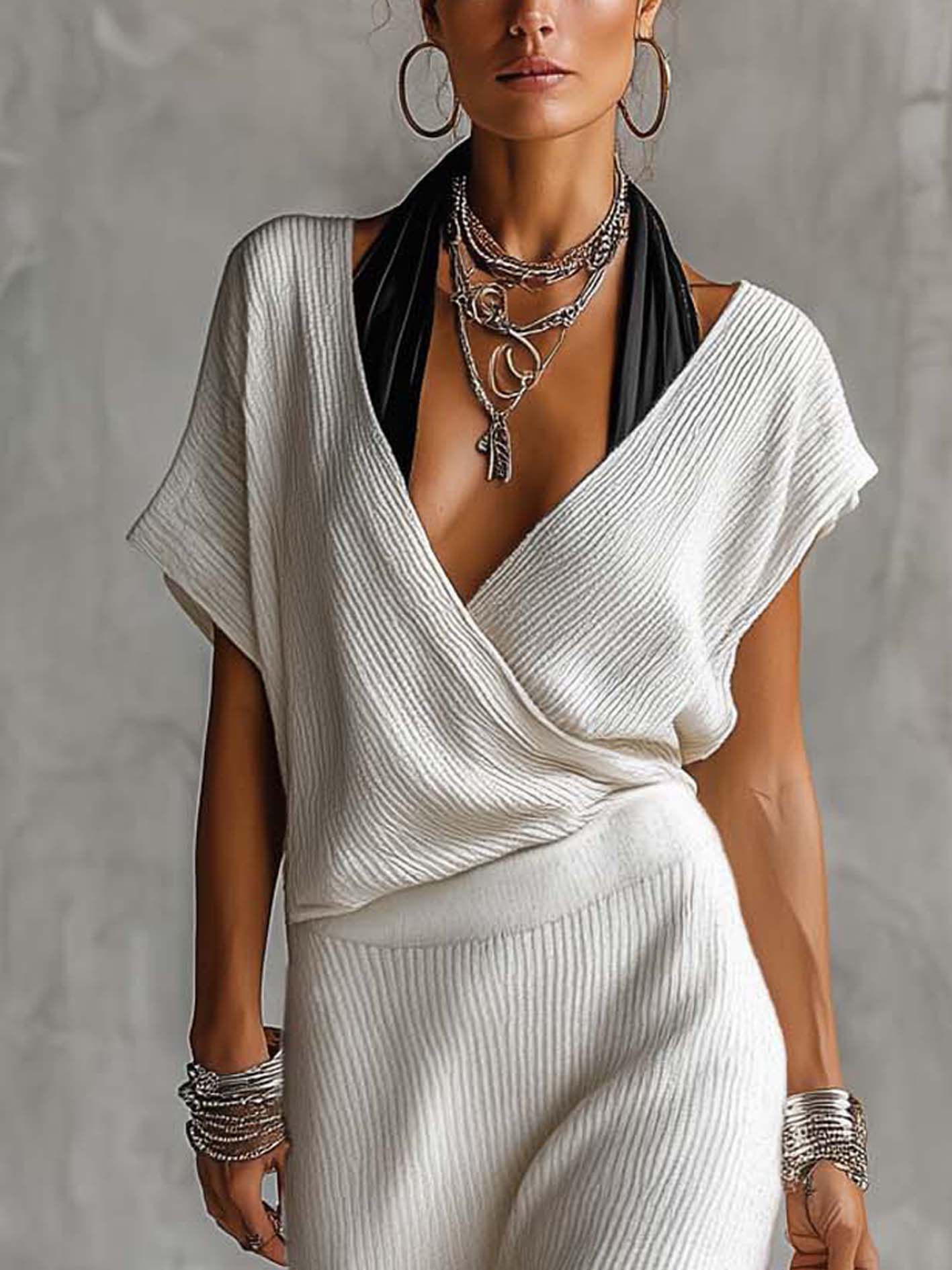 White Halter Neck Sweater Top And Skirt Knit Set