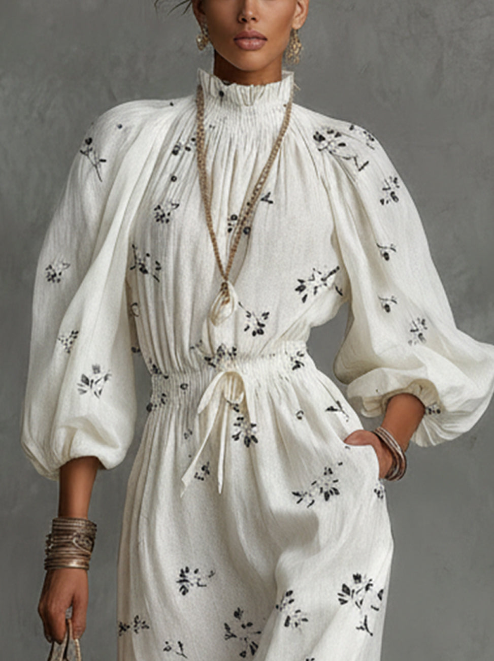 White High-neck Long Dress With Floral Print Featuring Puff Sleeves