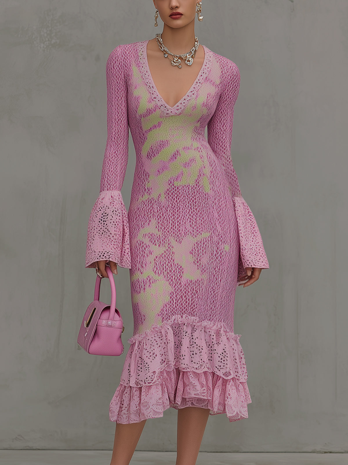 Lilac Lime Gradient Knit V-Neck Bodycon Dress With Lace Ruffles