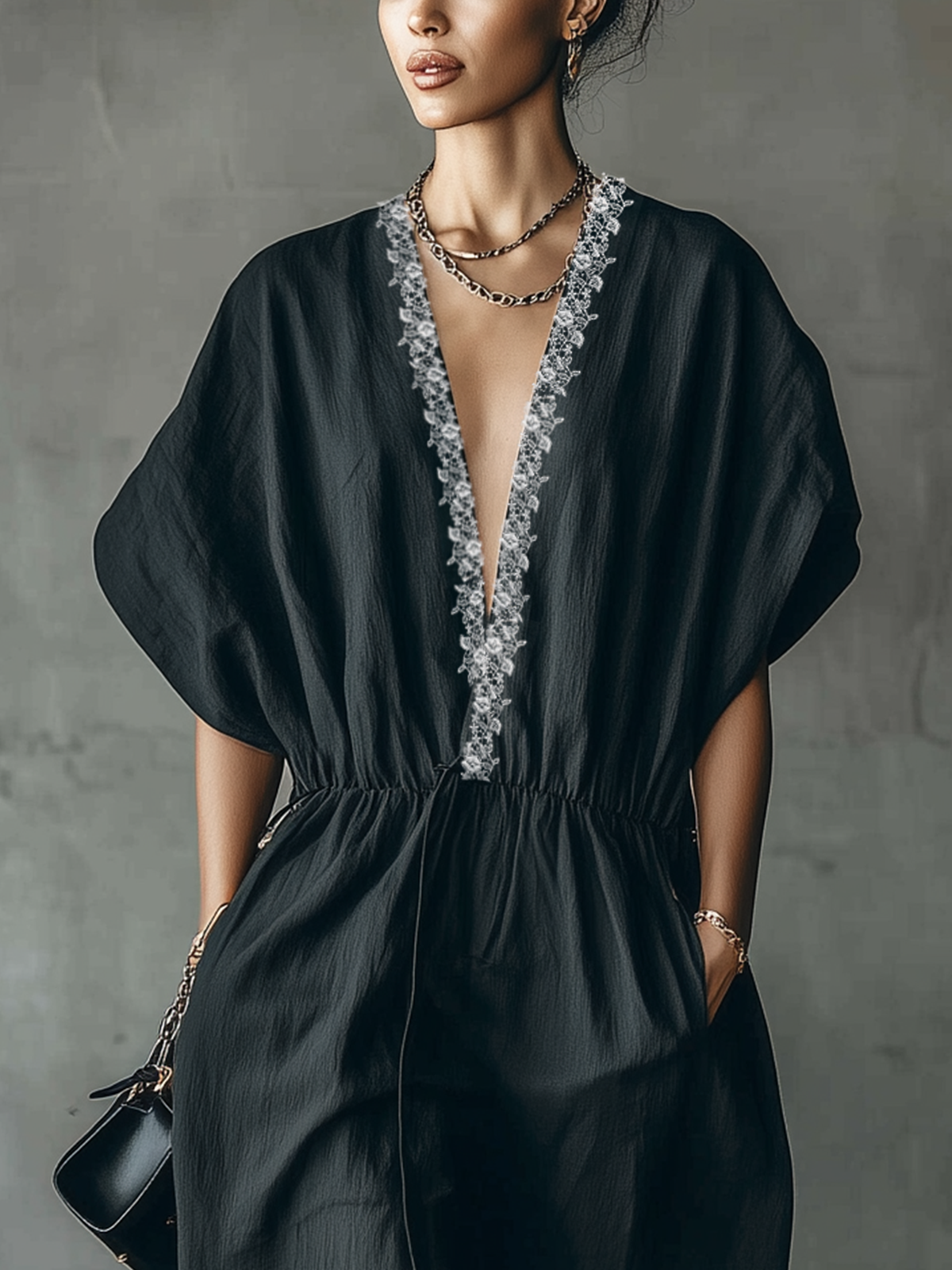 Black Lace-Trimmed Deep V-Neck Embroidered Maxi Dress