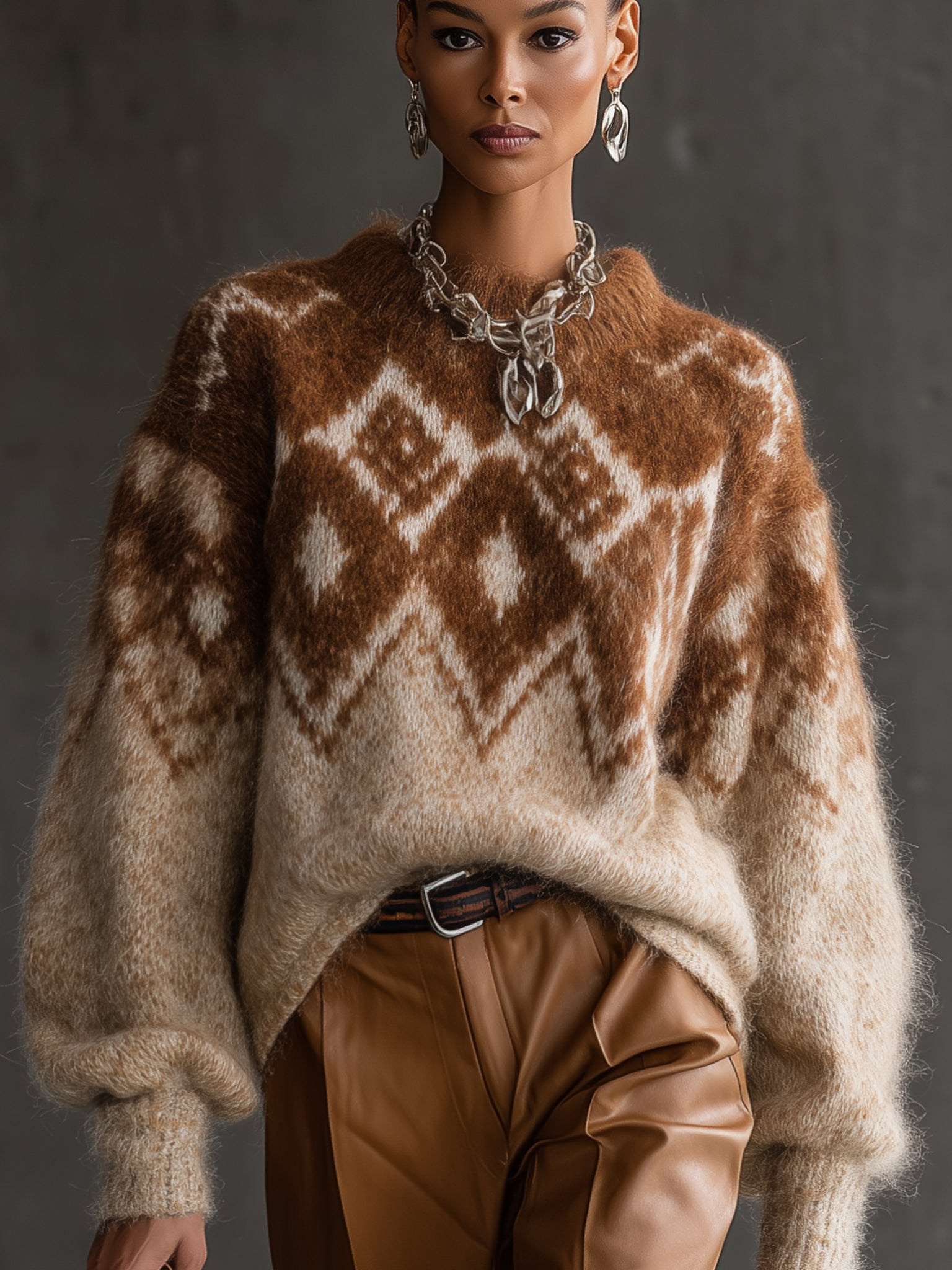 Brown Geometric Pattern Mohair Blend Long Sleeve Sweater