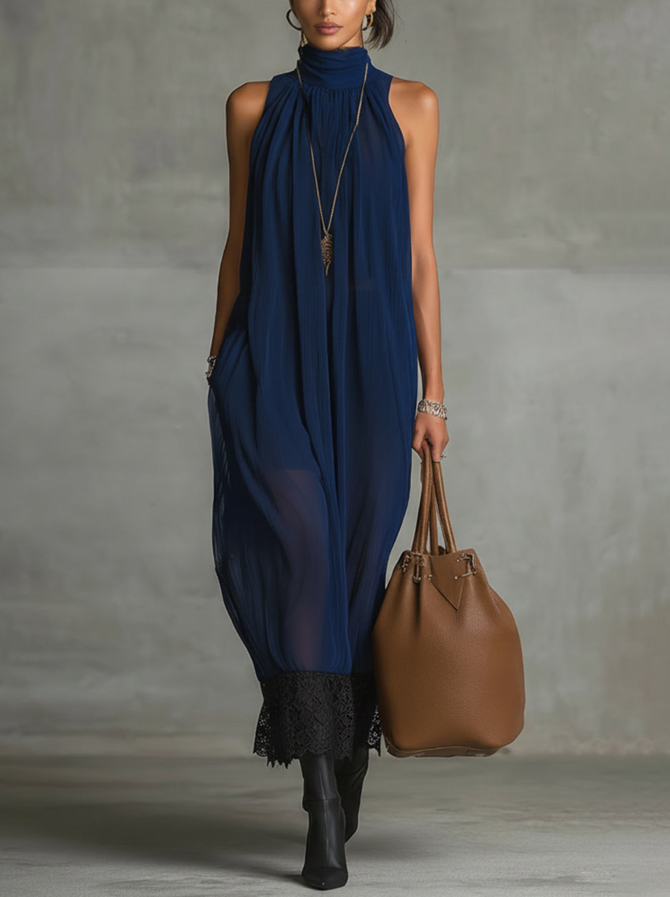 Navy Blue High-Neck Maxi Dress With Lace Hem