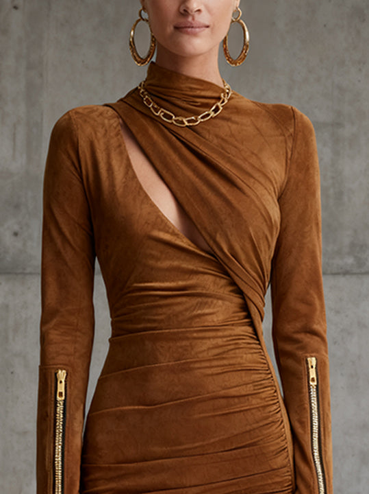 Brown Faux Suede Asymmetric Cutout Mini Dress With Gold Zipper Accents