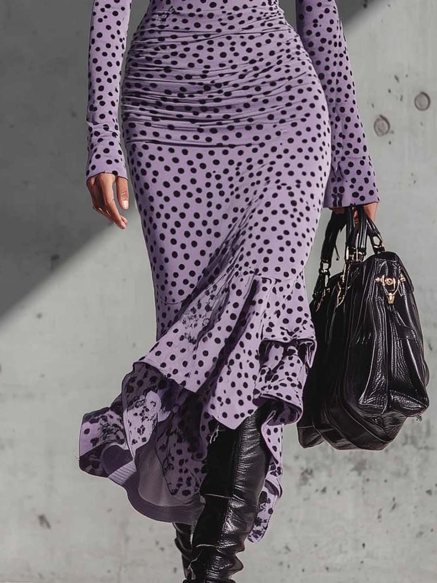 Purple Polka Dot Cold Shoulder Lace Trim Bodycon Dress