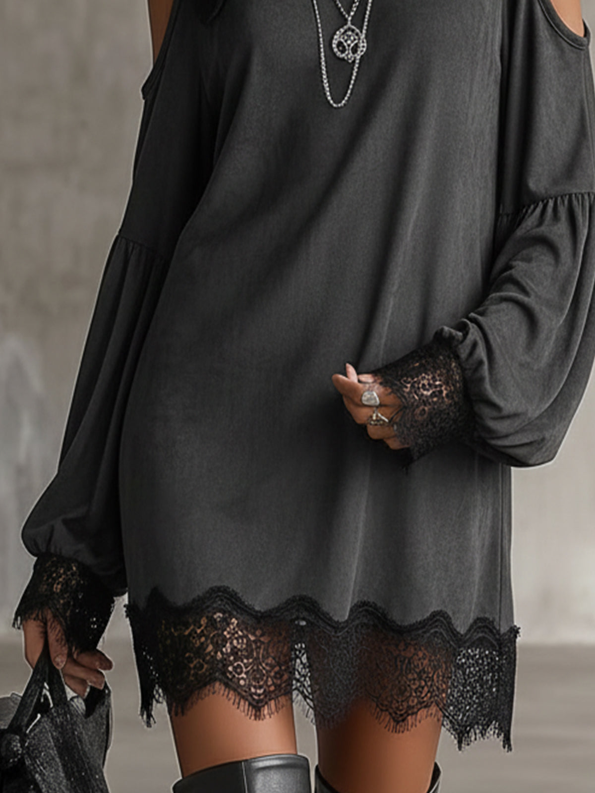 Gray Faux Suede Cold‑Shoulder Long Sleeve Dress With Lace Trim