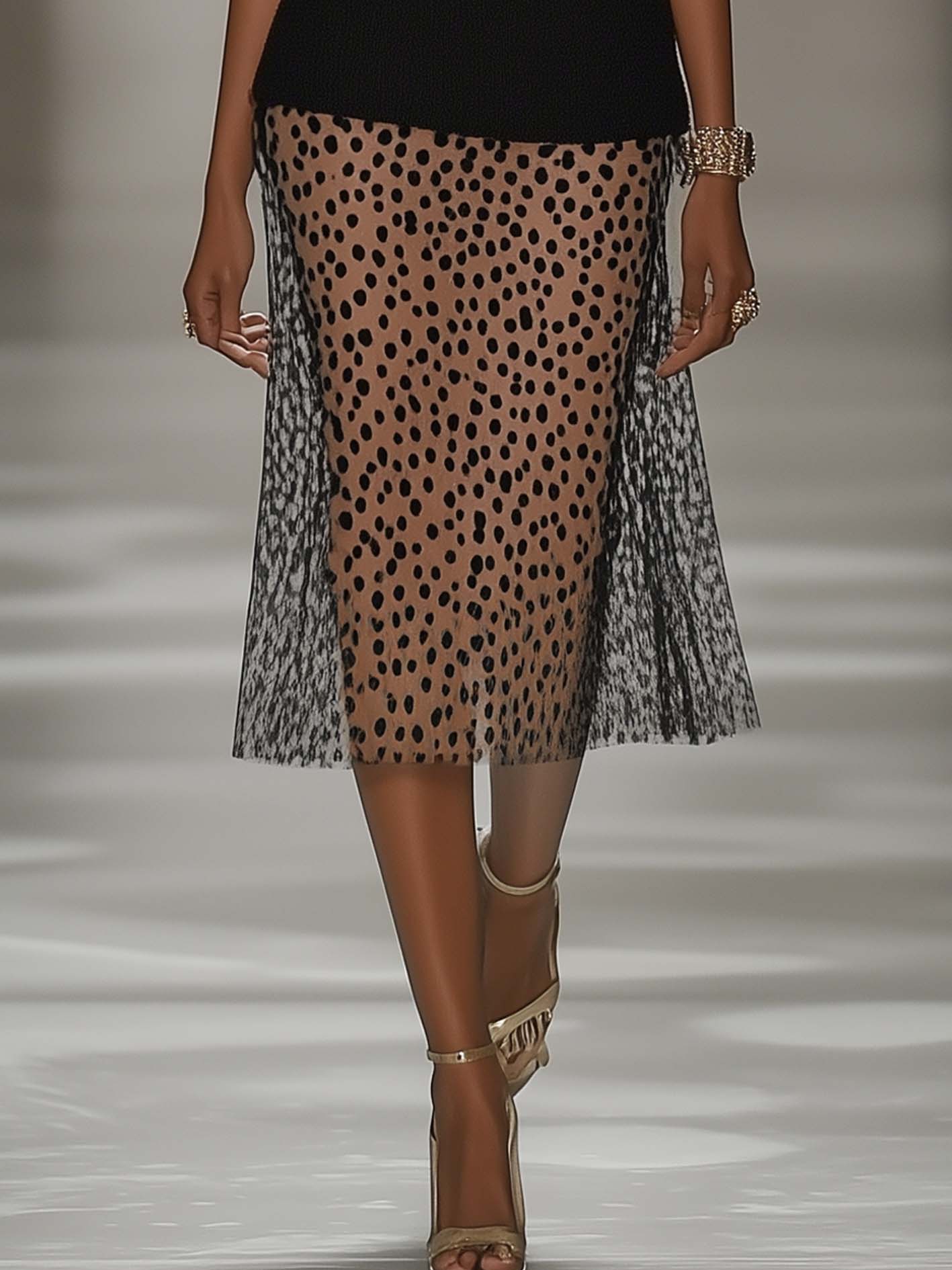 Off Shoulder Black Khaki Stitching Midi Dress With Mesh Outer Layer