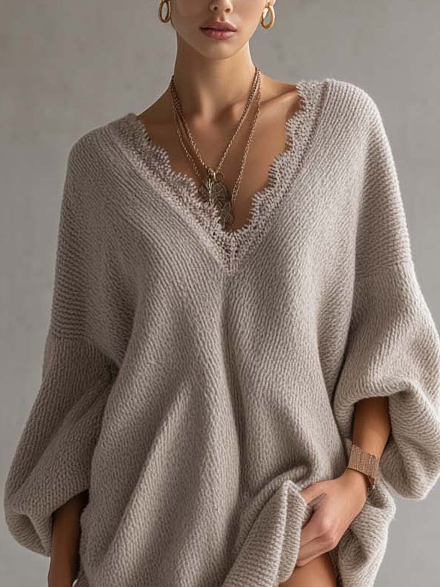 Cozy Oversized Soft Light Gray Knit Lace V-Neck Mini Dress