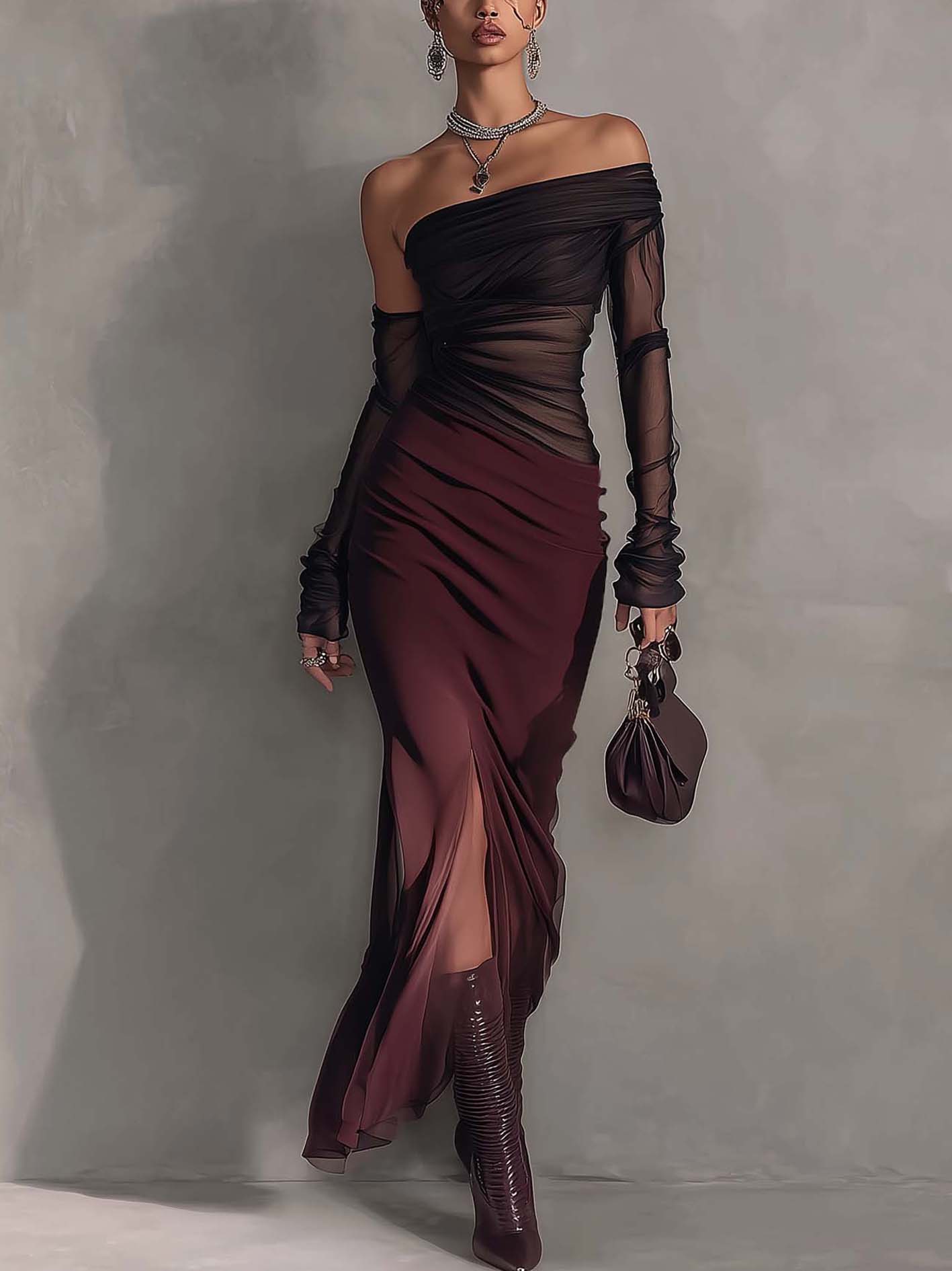 One Shoulder Black Chiffon Patchwork Burgundy Side Slit Bodycon Maxi Dress