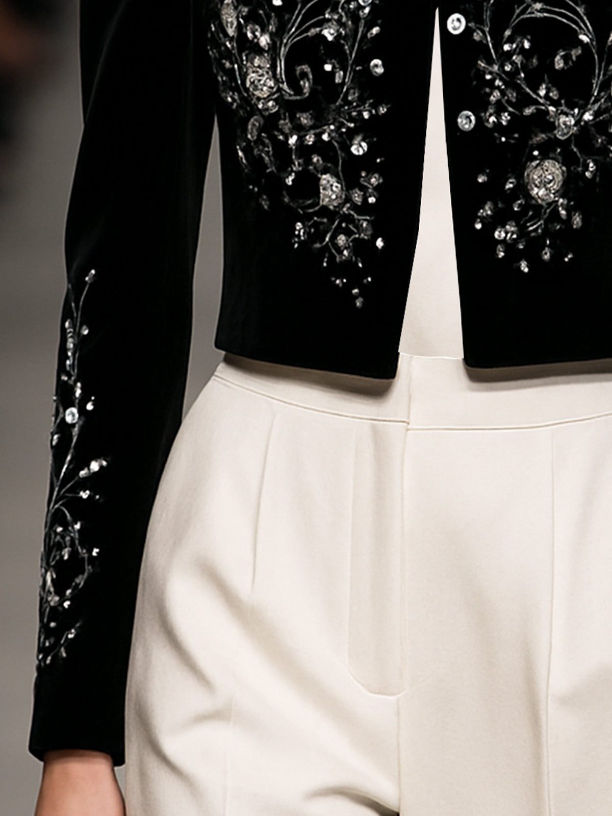 Luxurious Black Velvet Cropped Blazer With Intricate Embroidery