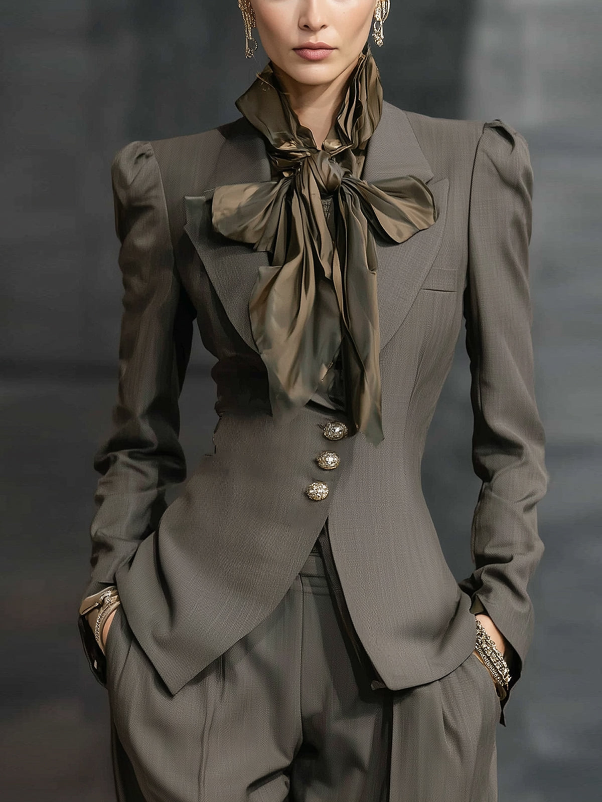 Olive Gray Thin Fit Blazer With Vintage Button Up Design