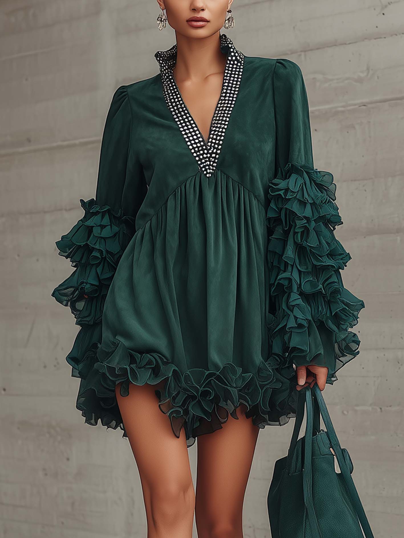 Deep Green Faux Suede Ruffle Mini Dress With Beaded V-Neck