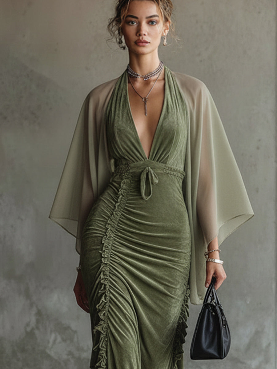 Green Faux Suede Maxi Dress With Chiffon Sleeves