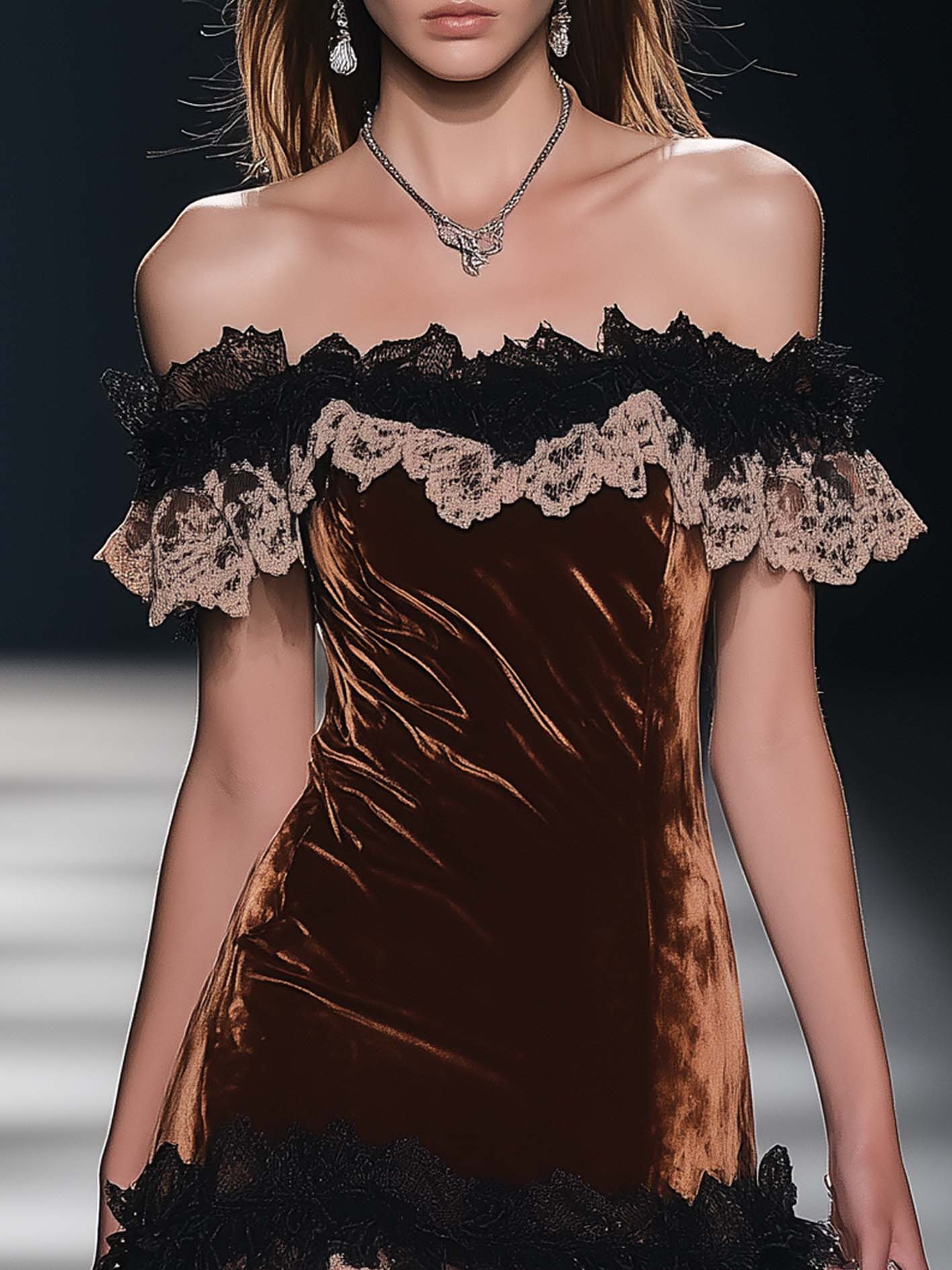 Off Shoulder Brown Velvet Mini Dress With Lace